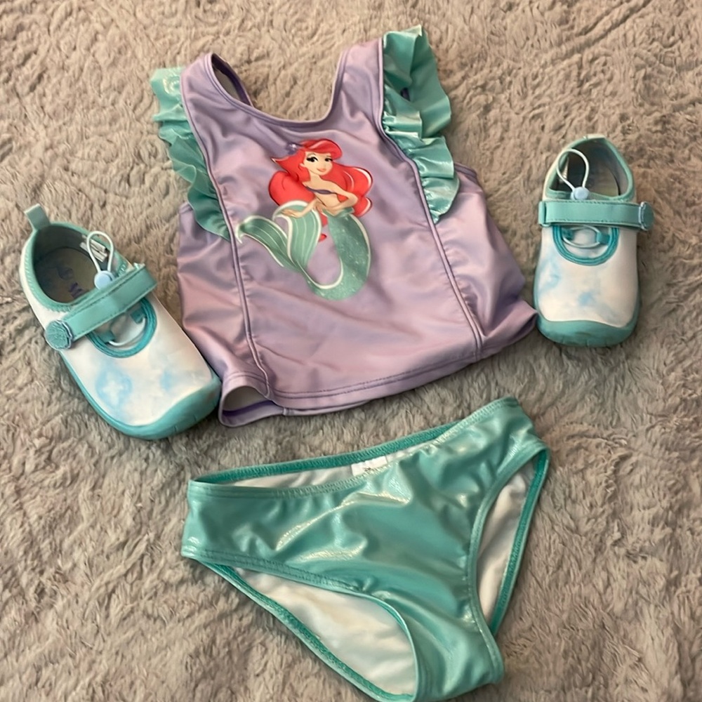 2 piece Little mermaid swimsuit size 5/6 with matching water shoes size 11/12